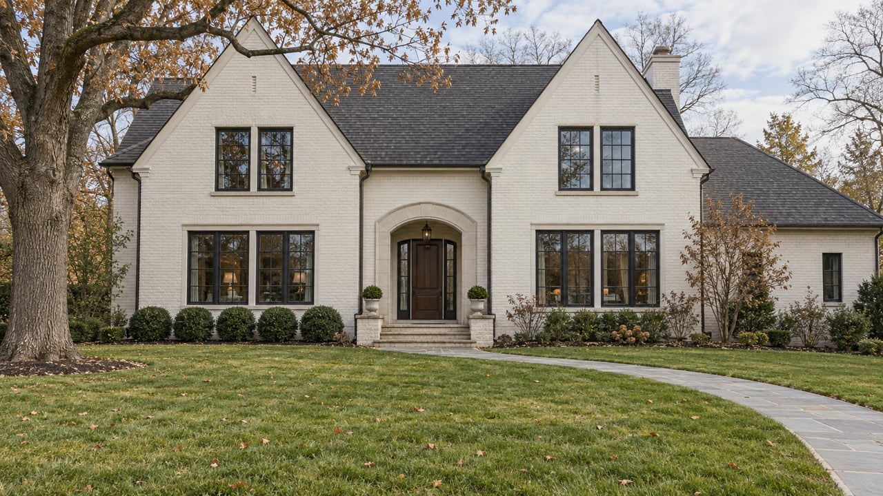 White-painted brick home with steep gables, black-framed windows and a limestone arched entry beyond a broad late-autumn lawn.