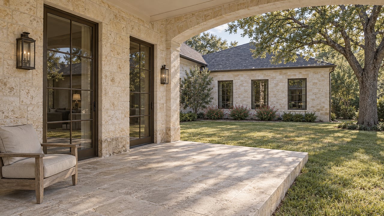Limestone home's covered terrace with bronze-framed glass doors, a teak chair and a broad lawn beneath a mature live oak.