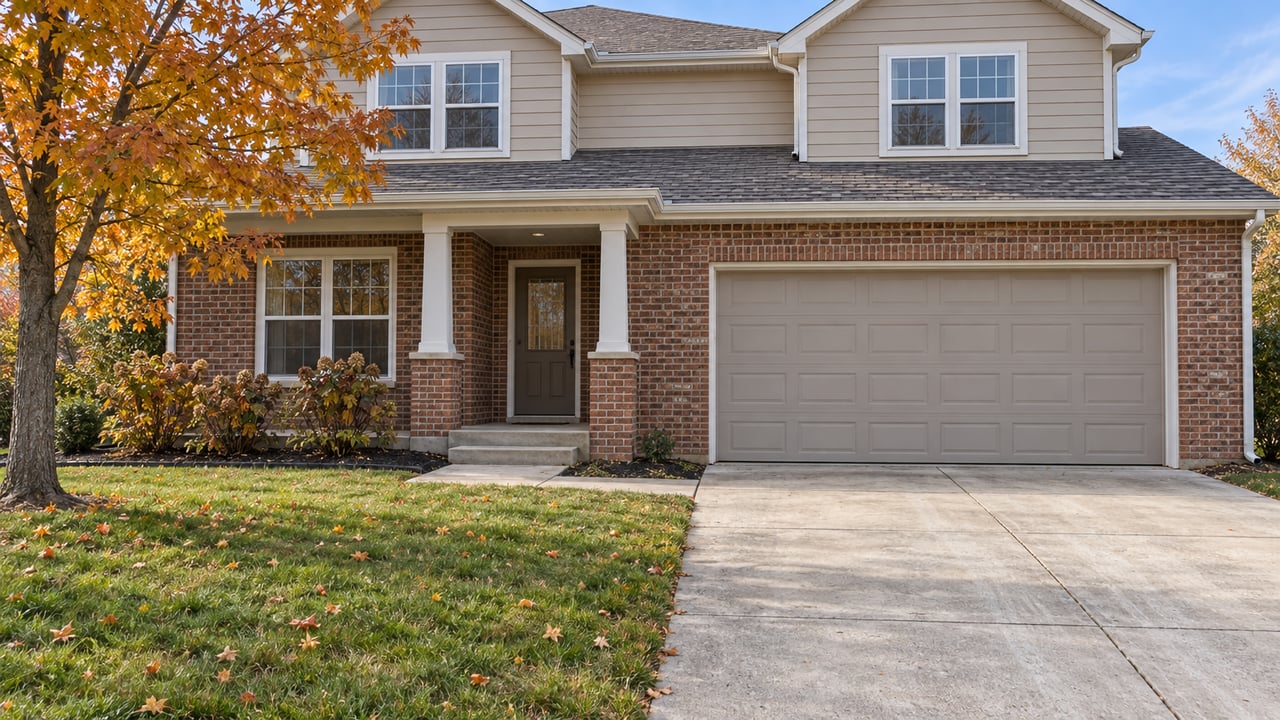 Brick and beige-sided two-story home with a concrete driveway, deep autumn lawn and amber maple leaves.