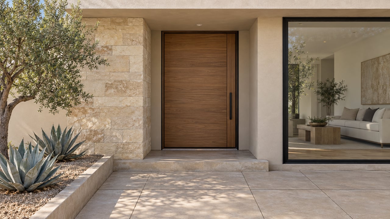 Desert-modern home's recessed wood entry, limestone pier, black-framed window, and paver approach beside agaves.