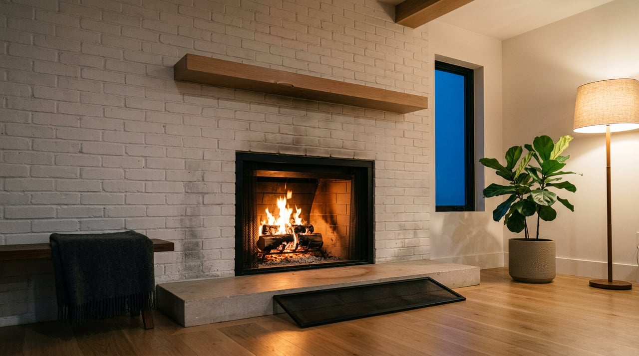 Fire glows in a black steel fireplace beneath a floating oak mantel, with white brick and a limestone hearth.