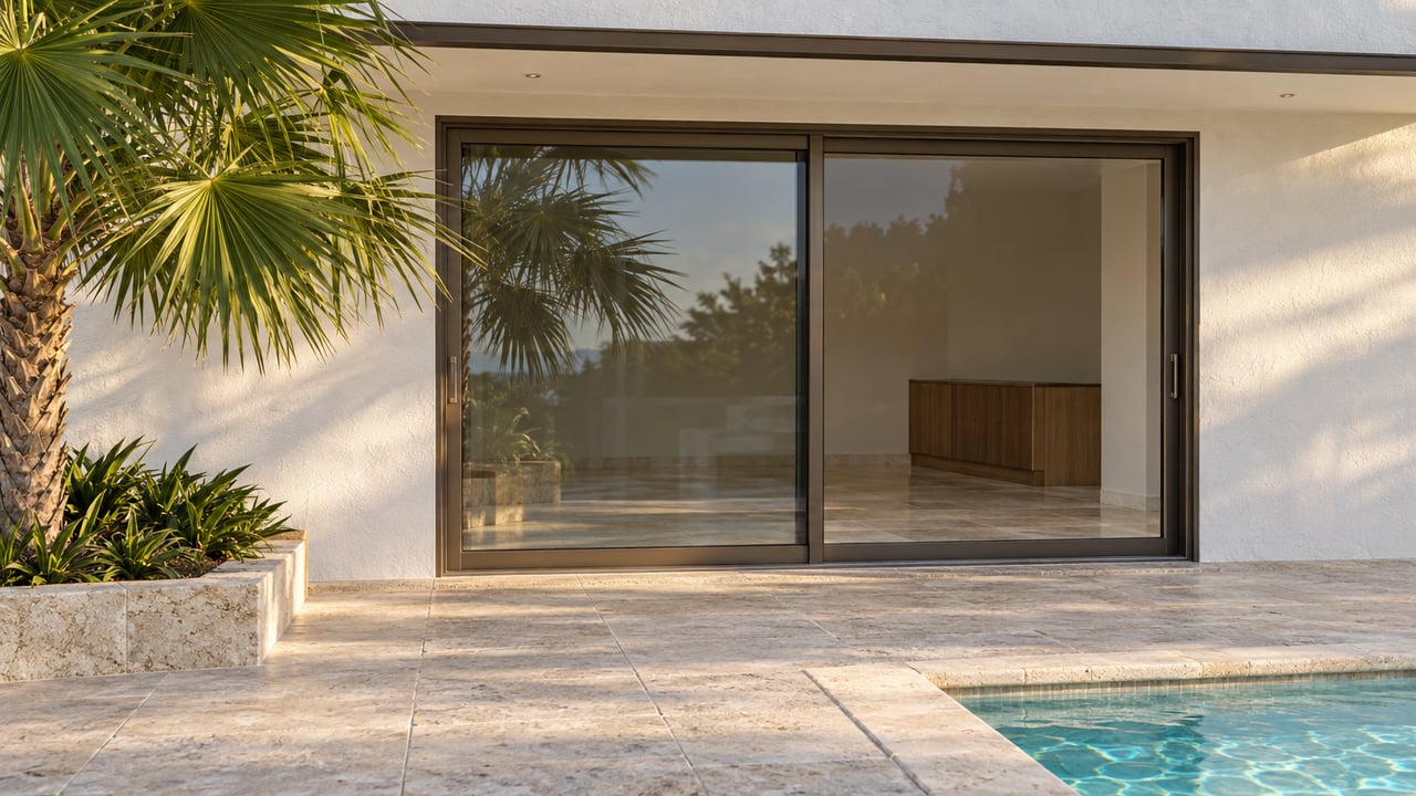 Closed bronze-framed sliding glass doors beside a palm, limestone terrace, and turquoise pool edge.