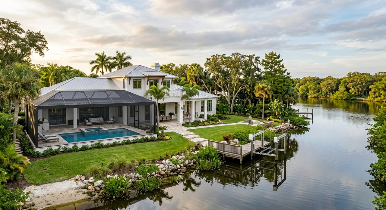 White stucco home with screened lanai, lawn path, and small dock beside calm, tree-lined water.