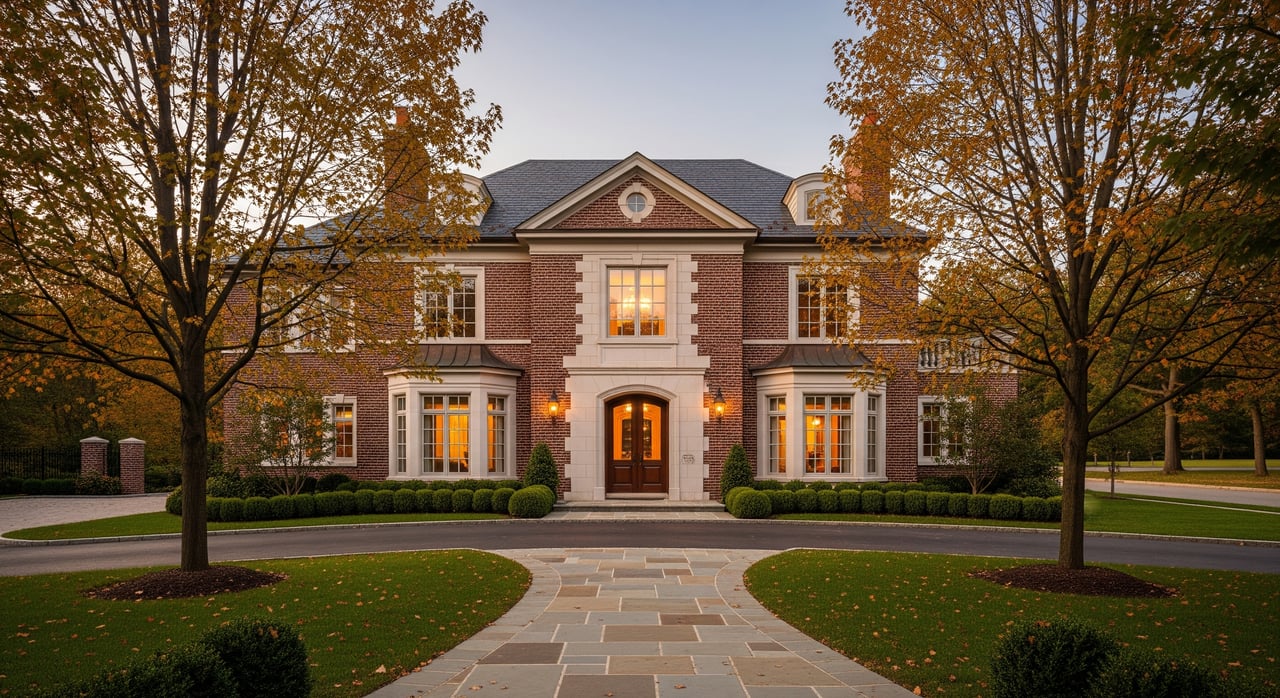 Two-story brick mansion framed by autumn trees, with a stone walkway leading to its lit entrance.
