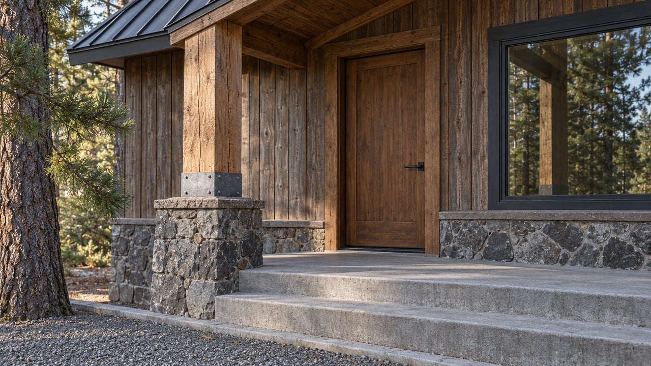 Rustic cabin entrance with a wooden door, stone walls, concrete steps, and surrounding pine trees.