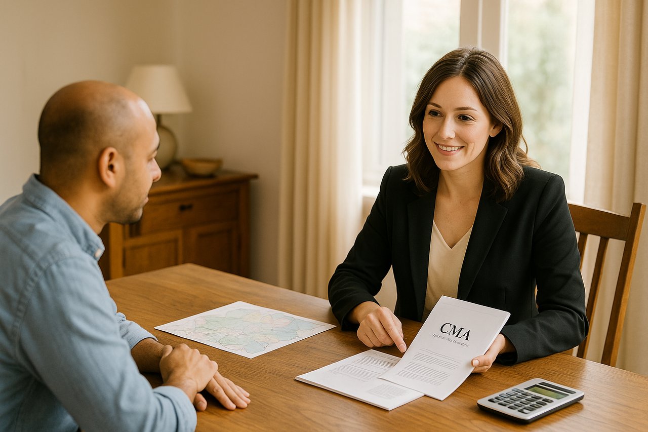 Real estate agent reviewing a market analysis with clients in a Northern NJ home.