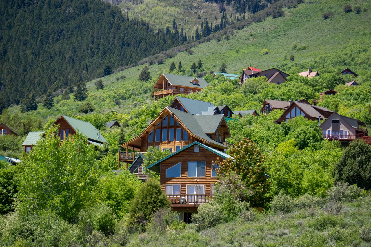 Hillside homes and log cabins surrounded by greenery beneath a forested mountain.