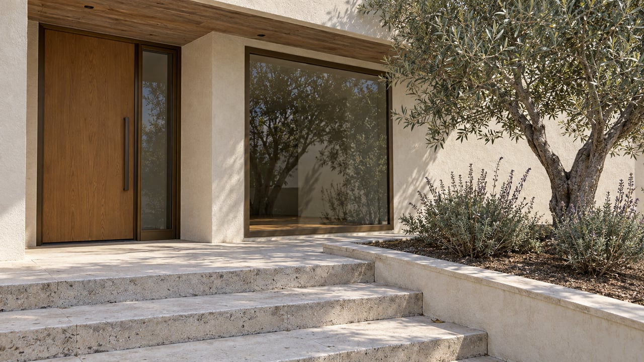 Cream-stucco home entry with an oak door, bronze-framed glazing, pale limestone steps and a mature olive tree in a raised planting bed.