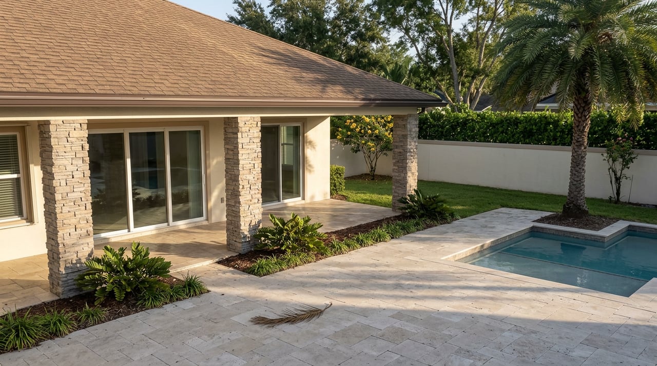Rear terrace with travertine pavers, a covered loggia, lawn, and a small pool beneath a palm tree.