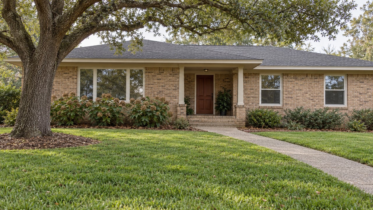 A buff-brick ranch home behind a deep green lawn, with a mature spreading oak and a concrete path to its sheltered porch.