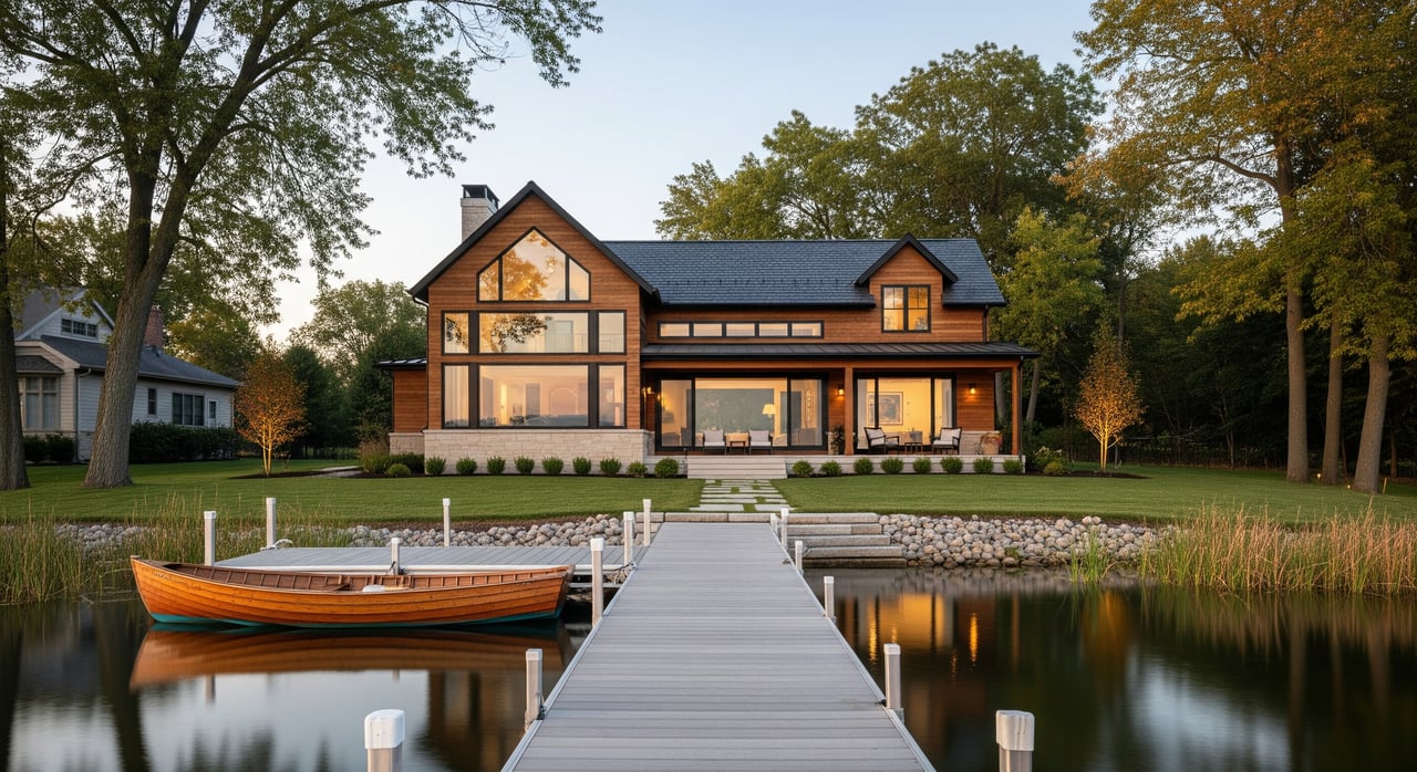 Modern two-story lakeside house glowing at dusk, with a dock and wooden boat in the foreground.