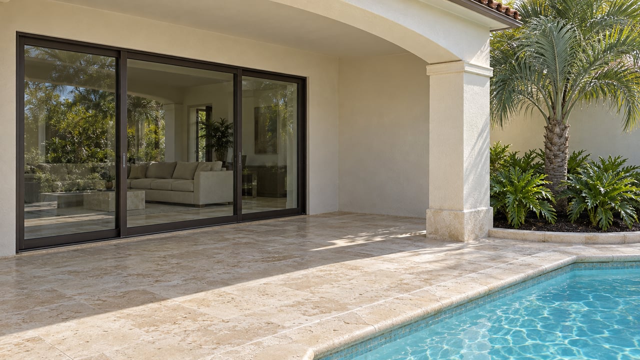 Cream stucco lanai with bronze-framed sliding glass doors, shell-limestone terrace and a turquoise pool corner beside a sculptural palm.