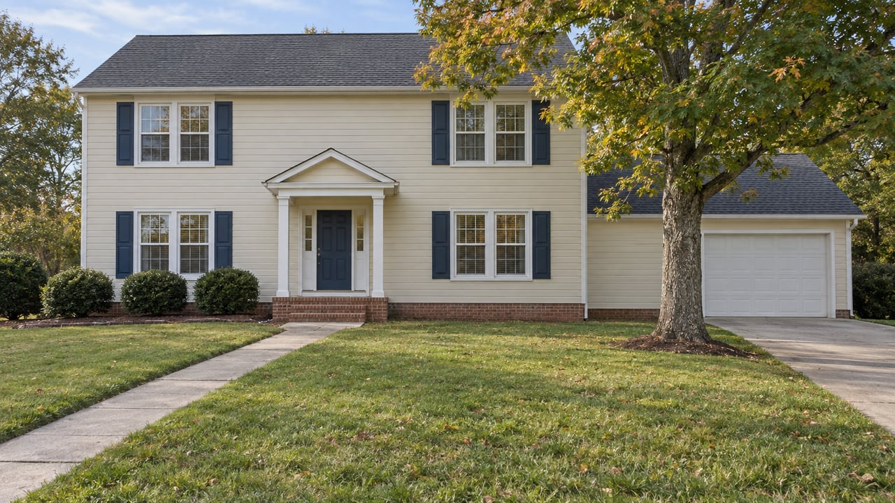 Cream-sided two-story home with blue shutters, brick entry steps, a broad autumn lawn and a mature white oak beside the driveway.