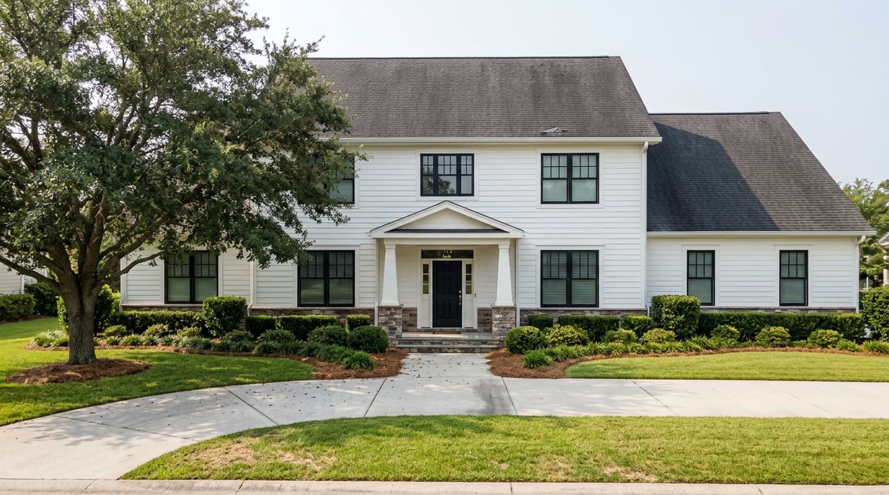 White two-story home with stone entry, black windows, deep lawn, and spreading live oak.