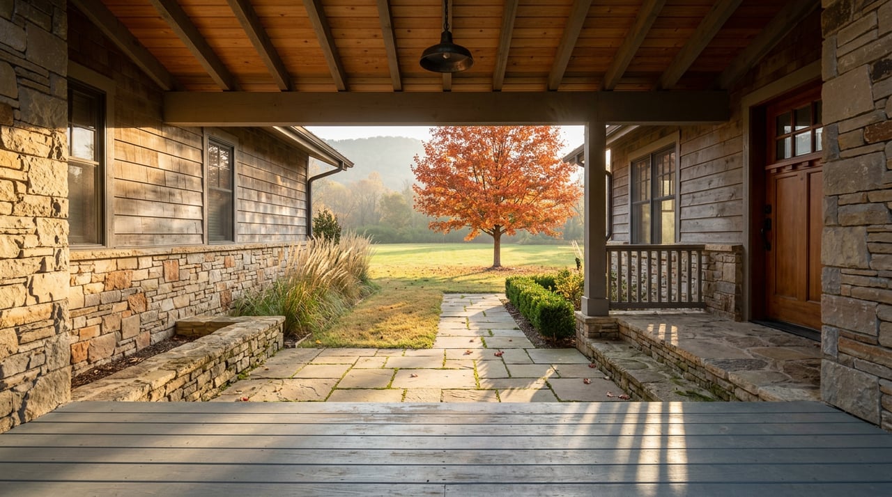 Covered stone-and-cedar porch frames a flagstone path and lawn, with an orange-red maple beyond.