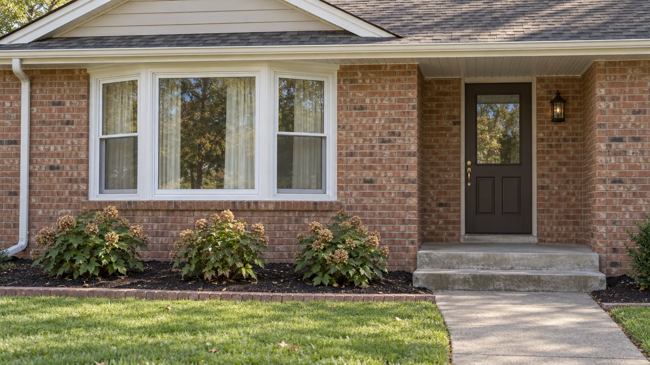 Russet brick home with a white-framed bay window, shaded front entry, worn concrete steps and oakleaf hydrangeas beside a green lawn.
