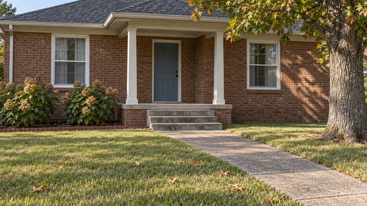 Red brick home with a gray front door, white porch columns, and a walkway beneath a mature tree.