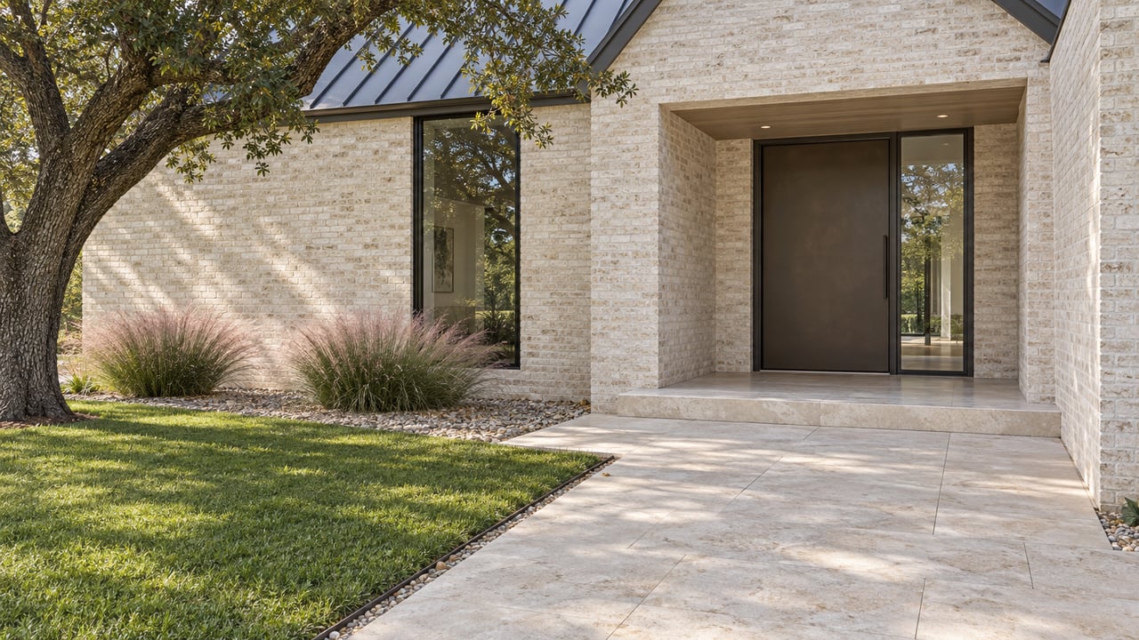Recessed brick entry with a closed bronze door, limestone approach, lawn, and mature oak.
