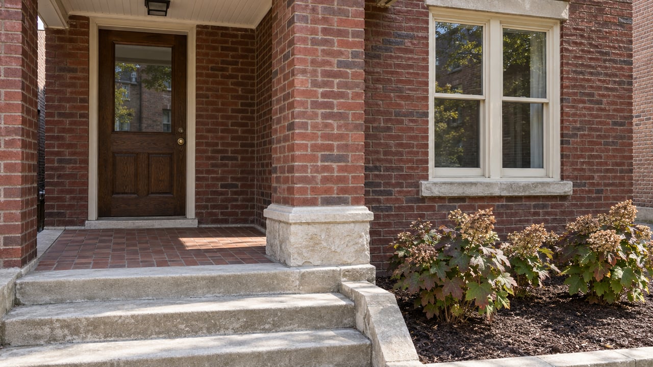 Red brick home entry with an oak door, cream sash window, limestone steps, and oakleaf hydrangeas.