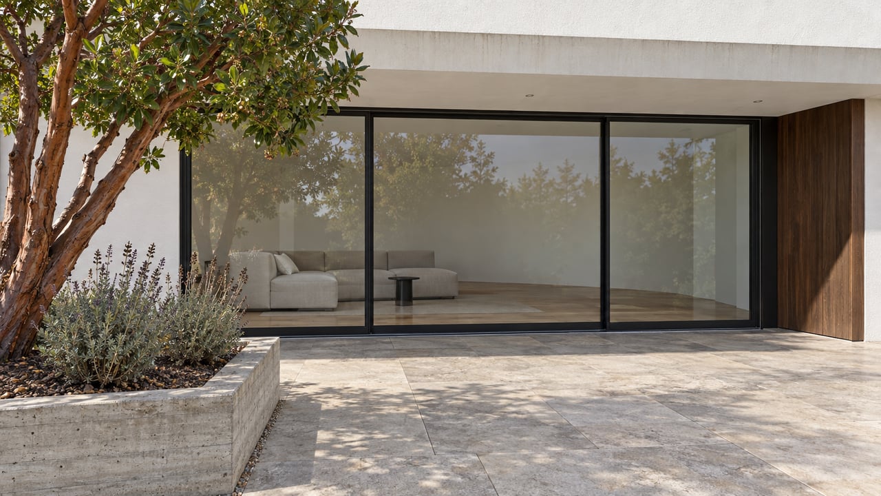 Sunlit limestone terrace beside a white-plaster home with black-framed glass, sheltered walnut siding, and a sculptural strawberry tree in a raised concrete planter.