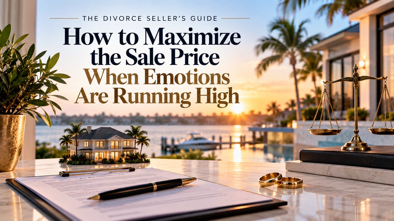 Southwest Florida divorce home sale featuring a luxury waterfront property, real estate contract, wedding rings, and scales of justice, representing how divorcing spouses can maximize their sale price through neutral, data-driven decisions.