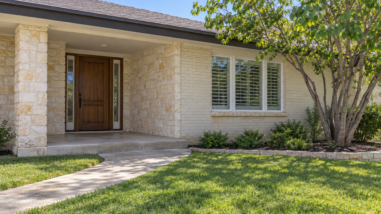Pale stone and cream brick ranch entry with a shaded wood door, white-framed window, concrete approach and green lawn.