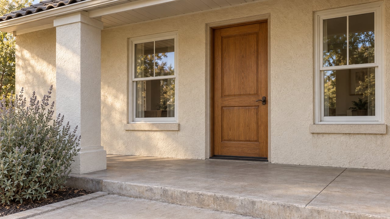 Home entrance with a paneled wooden door, white-trimmed windows, and a covered concrete porch.