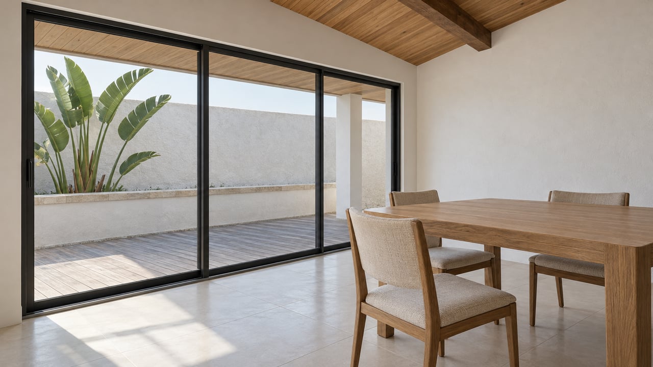 Timber-ceiling dining area with oak furniture and closed black-framed sliding doors overlooking a small planted terrace.