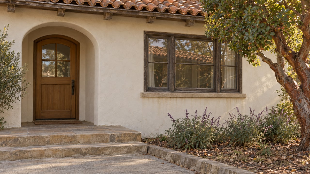 Warm stucco home with a recessed arched doorway, timber-framed window, clay roof tiles and worn sandstone porch beside flowering sage.