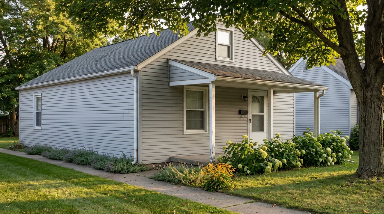 Modest gray-sided village home with a white-post porch beneath a maple canopy, hydrangeas lining the facade.