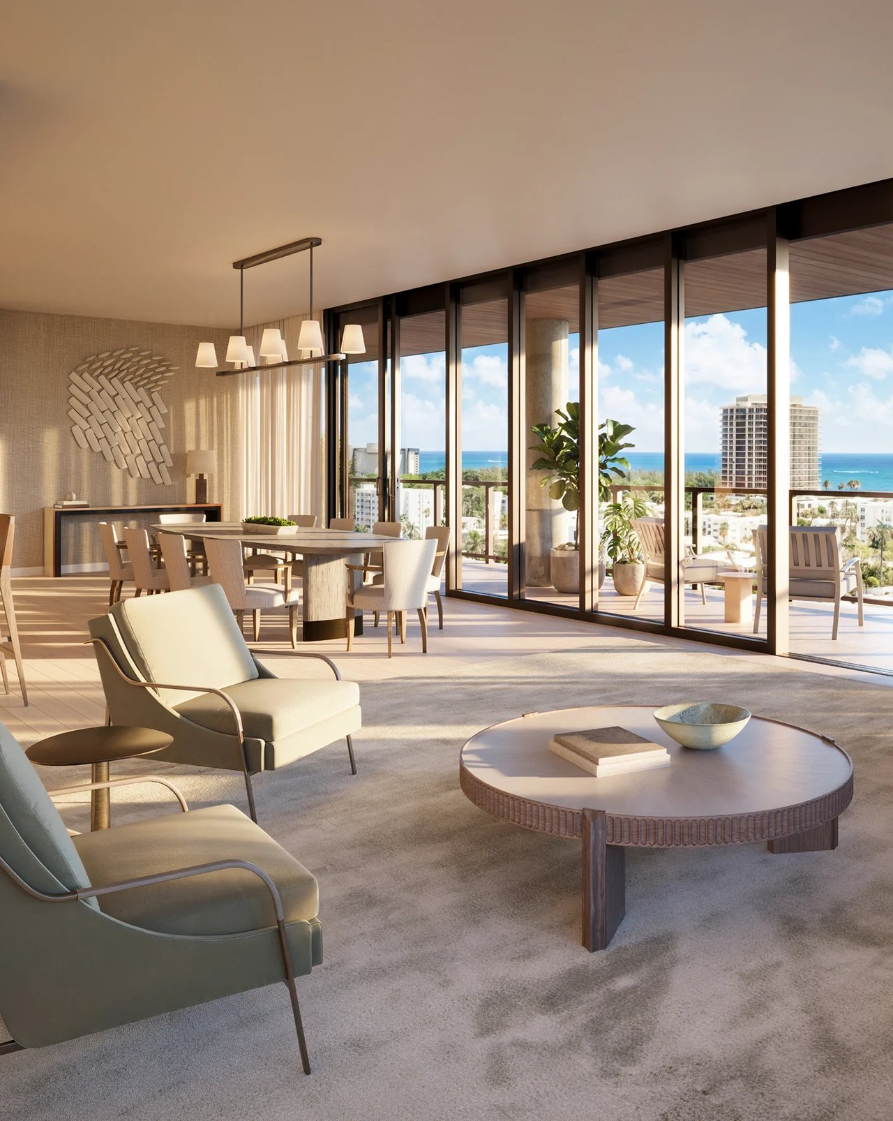 The Ritz-Carlton Residences Fort Lauderdale Beach residence living room rendering.