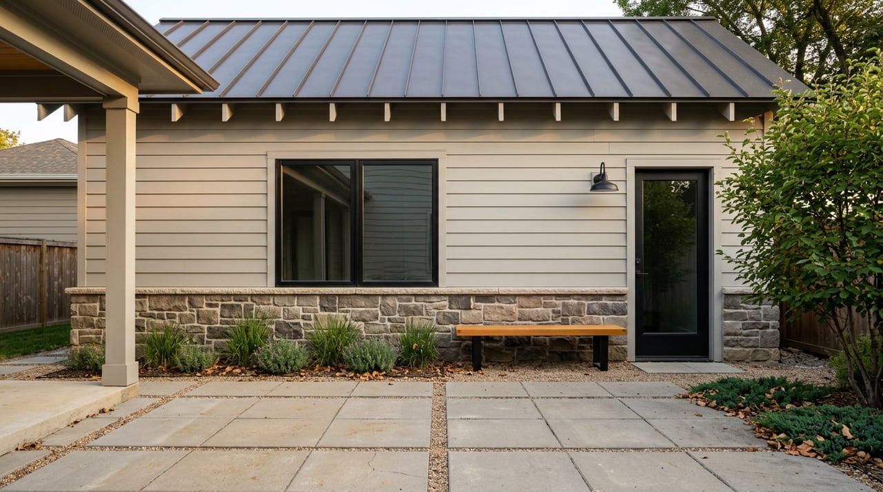 Detached gabled accessory dwelling with stone base, gray siding, black-framed window, and oak bench beside a paved courtyard.