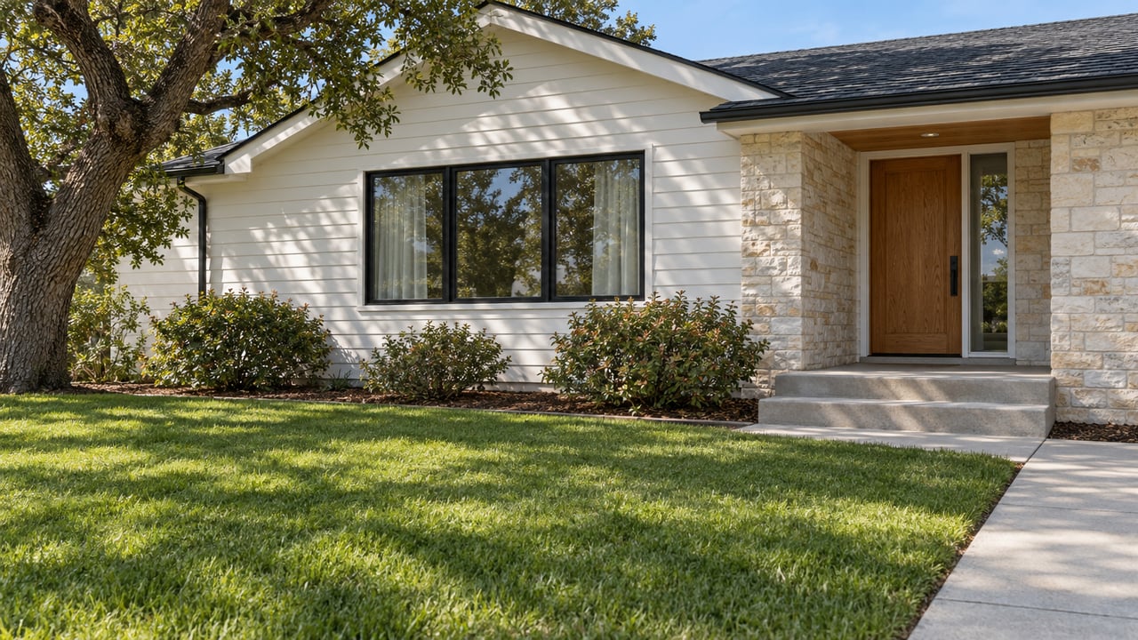 Updated white-sided home behind a deep lawn, with black-framed windows, a limestone entry and a mature oak casting patterned shade.