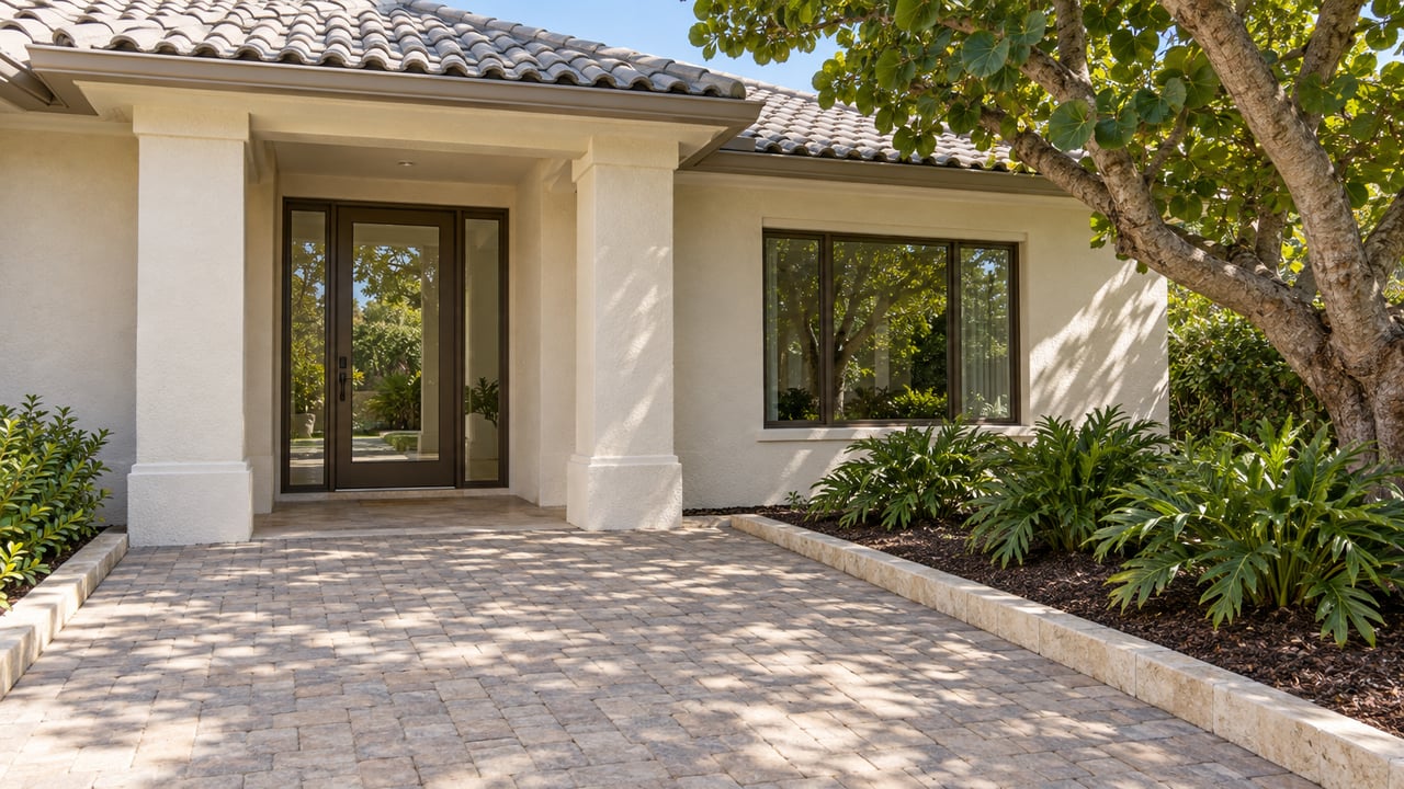 Cream stucco home with a gray barrel-tile roof, glazed entry, sand-colored paver approach, and a sculptural sea grape tree.