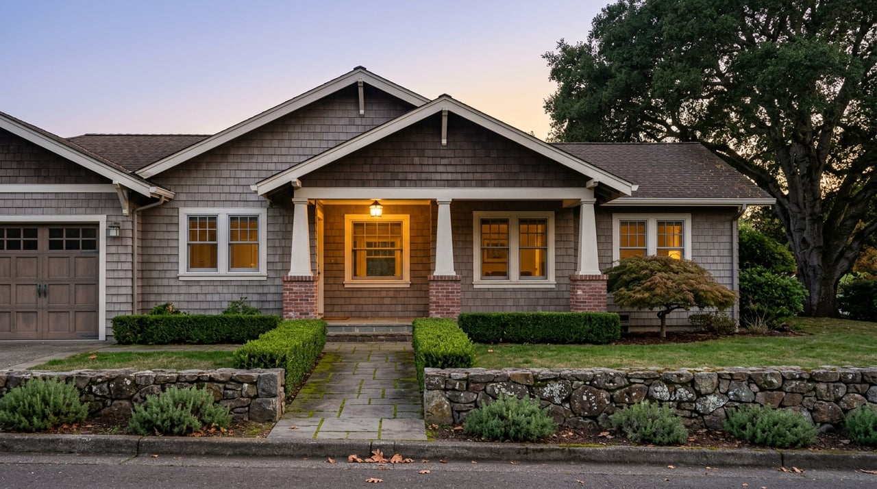 Craftsman home with a covered porch and stone walkway glowing warmly beneath a periwinkle dusk sky.