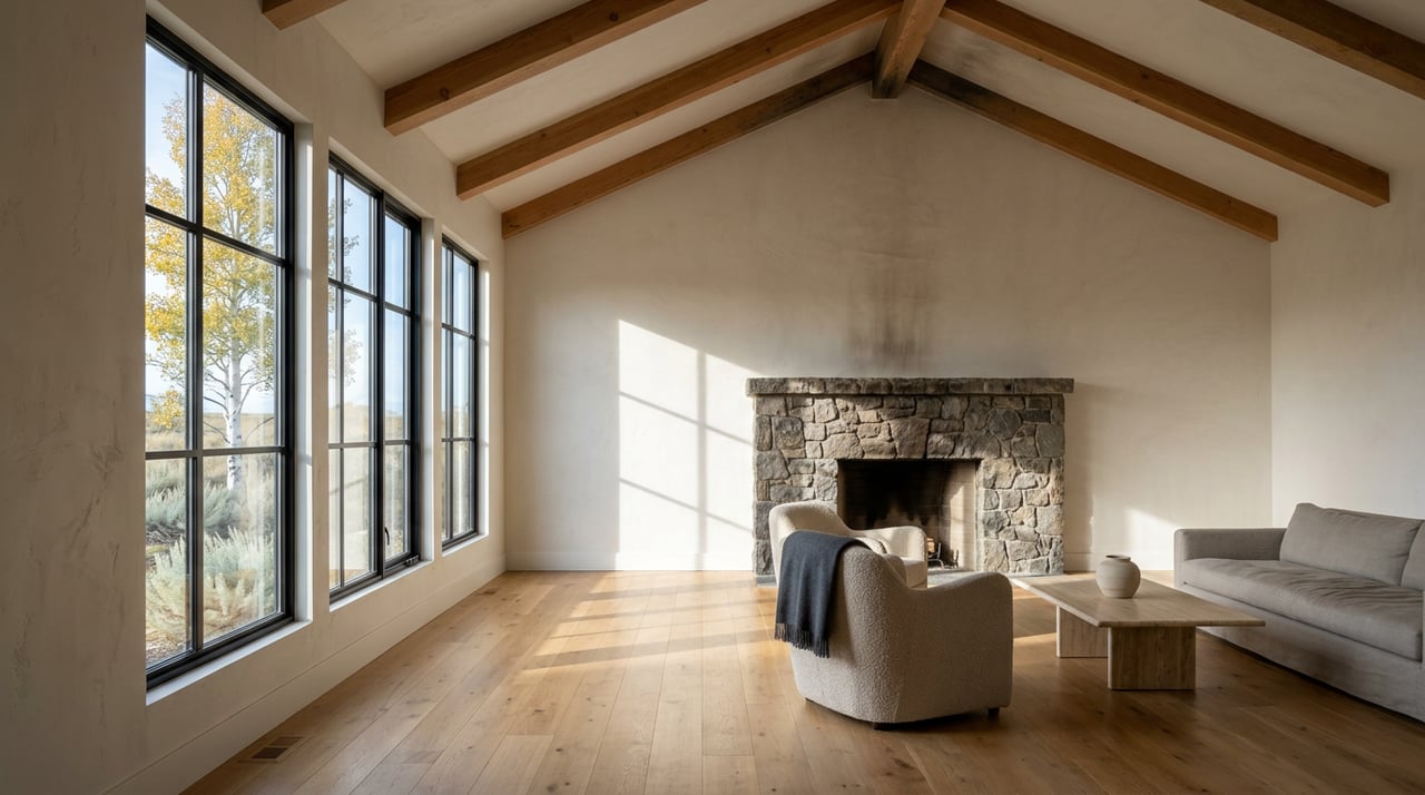 Vaulted great room with a basalt fireplace, oak floors, and morning light streaming through tall windows beside an aspen.