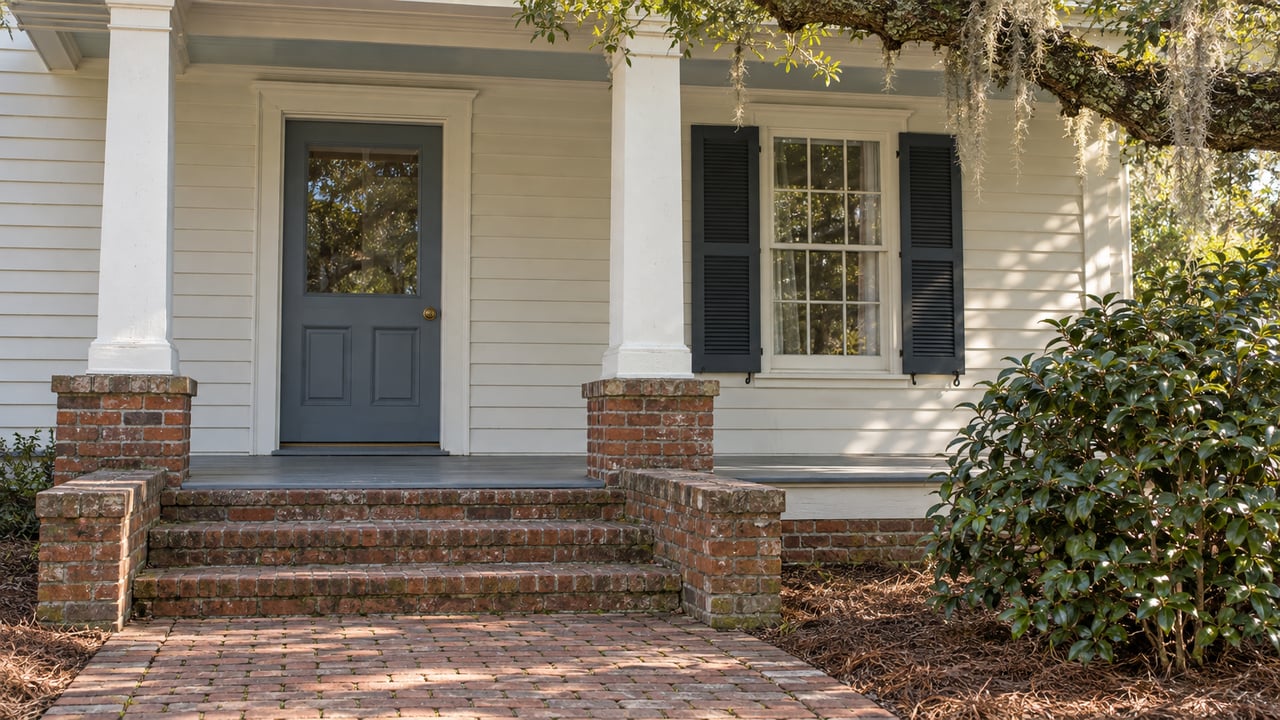 Raised brick entry and ivory clapboard porch with a blue-gray door, paired shutters and an oak limb overhead.