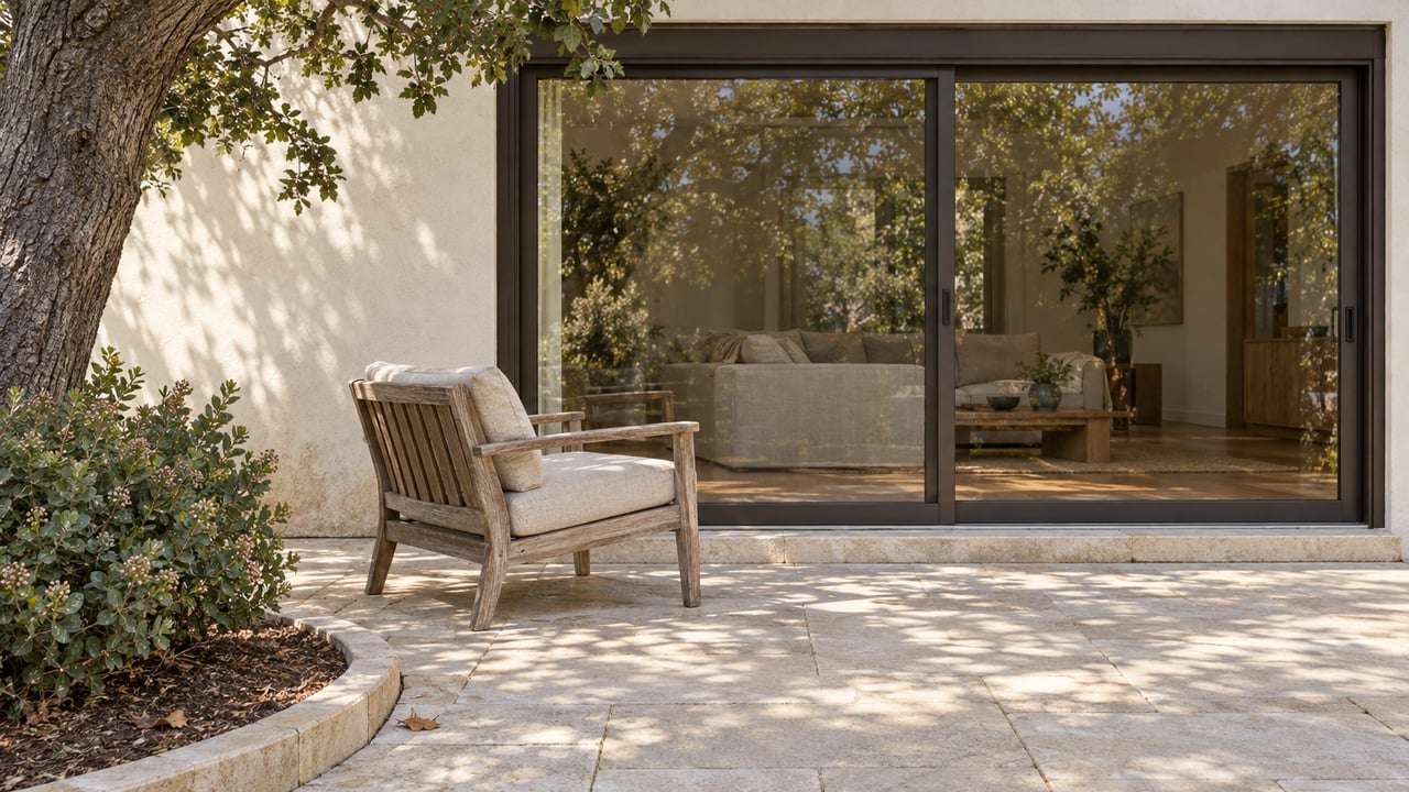 Sunlit limestone patio with a teak lounge chair beside bronze-framed glass doors, an oak and a sculptural manzanita.