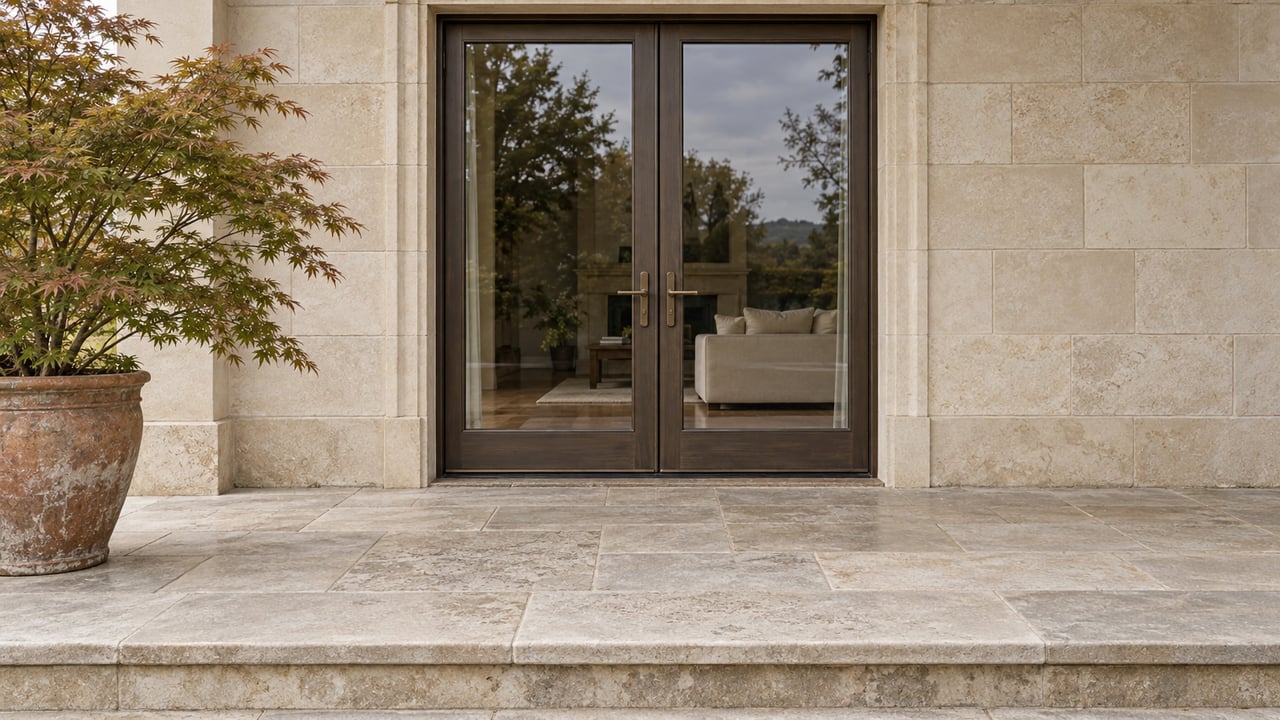 Closed bronze-framed French doors in a pale limestone facade open onto a weathered stone terrace beside a potted Japanese maple.