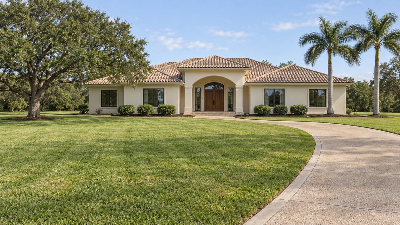 Wide single-story stucco estate with a clay tile hip roof, expansive lawn, curved concrete driveway, a mature oak and two royal palms.