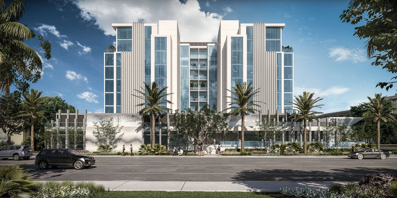 Salato Residences, a modern glass-fronted apartment building framed by palm trees.