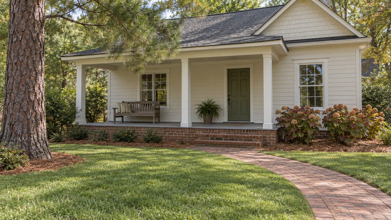An ivory-sided cottage with a raised front porch, brick walkway, broad lawn and mature longleaf pine.