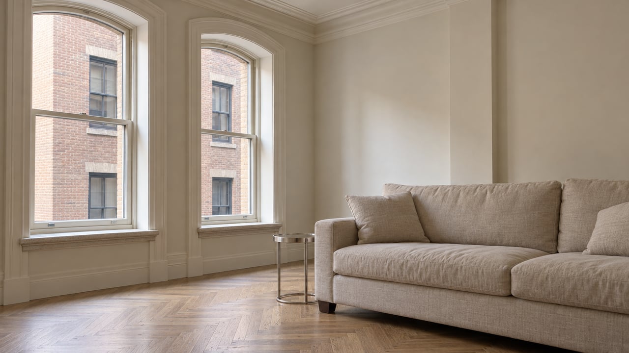 Cream-plaster apartment sitting room with two arched windows, pale oak herringbone flooring and an oatmeal linen sofa.