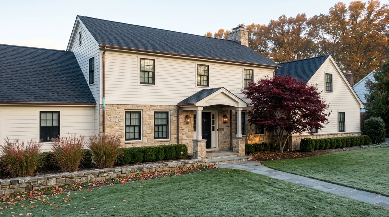 Two-story cream-and-stone home with a crimson Japanese maple, curving bluestone path, and frost-edged lawn.