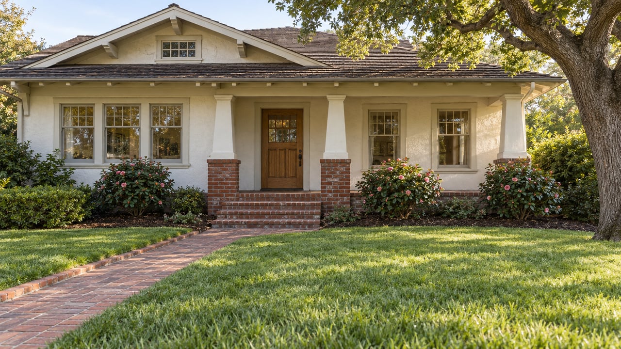 A warm stucco home with a sheltered brick porch, deep front lawn, camellias, and a mature oak in soft morning light.