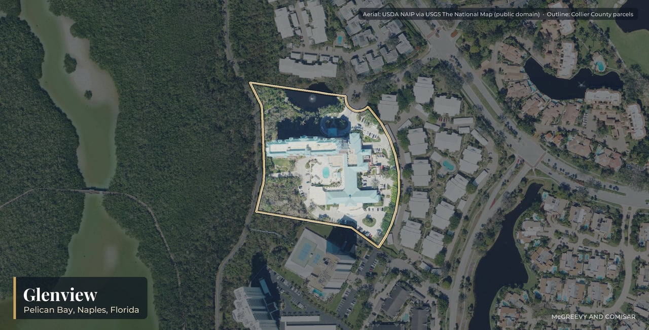 Aerial view of Glenview at Pelican Bay, Naples, Florida, with its parcels outlined