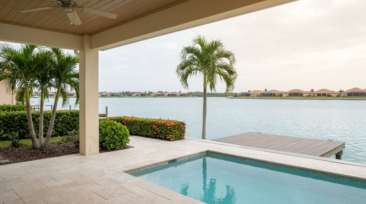 Turquoise pool and travertine deck lead past a seawall and short dock to an open canal.