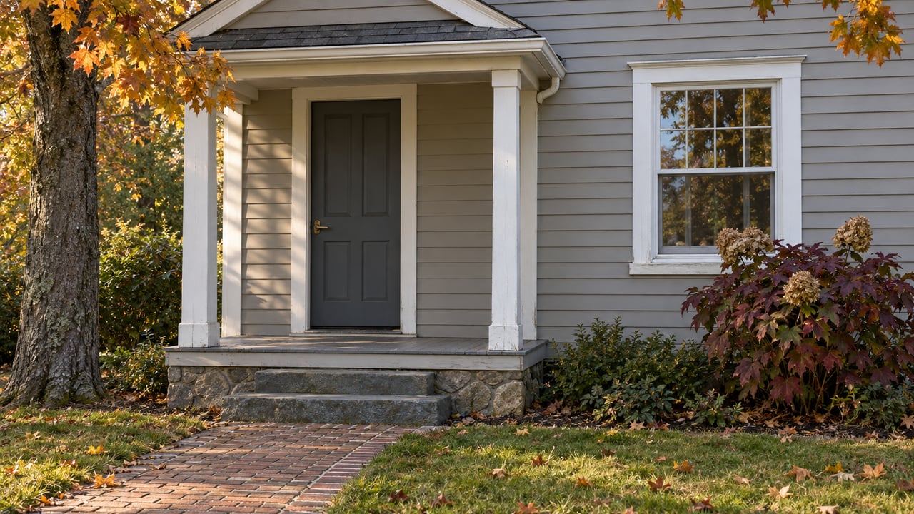 Autumn light on a gray clapboard home's covered entry, white-trimmed window, weathered stone steps and amber maple foliage.