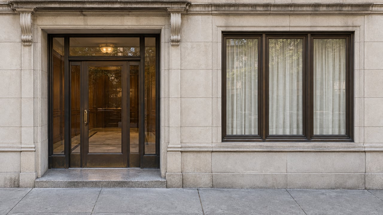Limestone apartment entrance with a bronze glazed door, tall curtained window, and worn granite threshold beside a clean sidewalk.