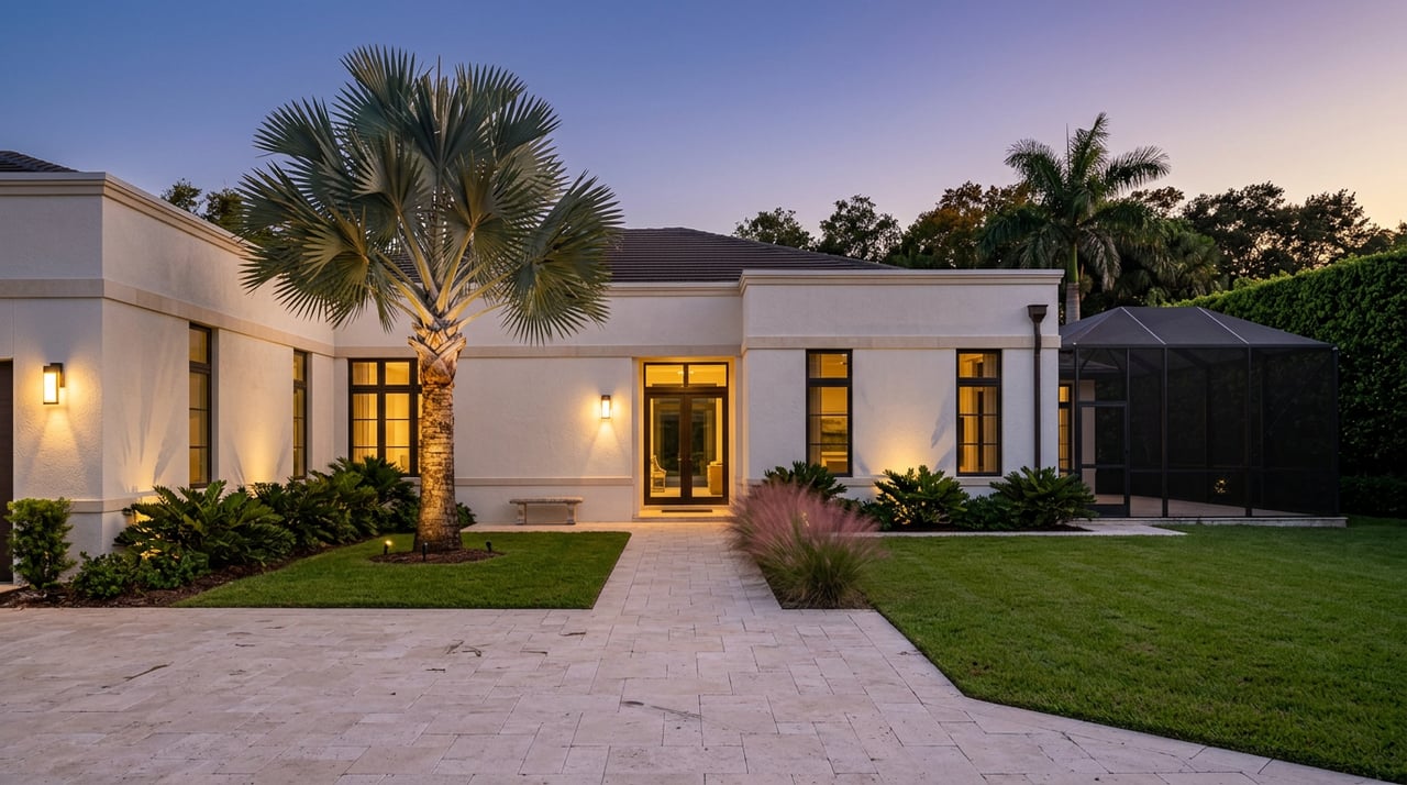 Stucco estate home with limestone accents, palm trees, and a screened lanai glowing at dusk.
